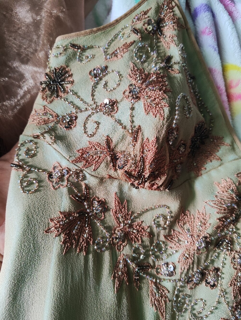Papell Boutique Blush Green Beaded Fringe Maxi Dress - Picture 9 of 14